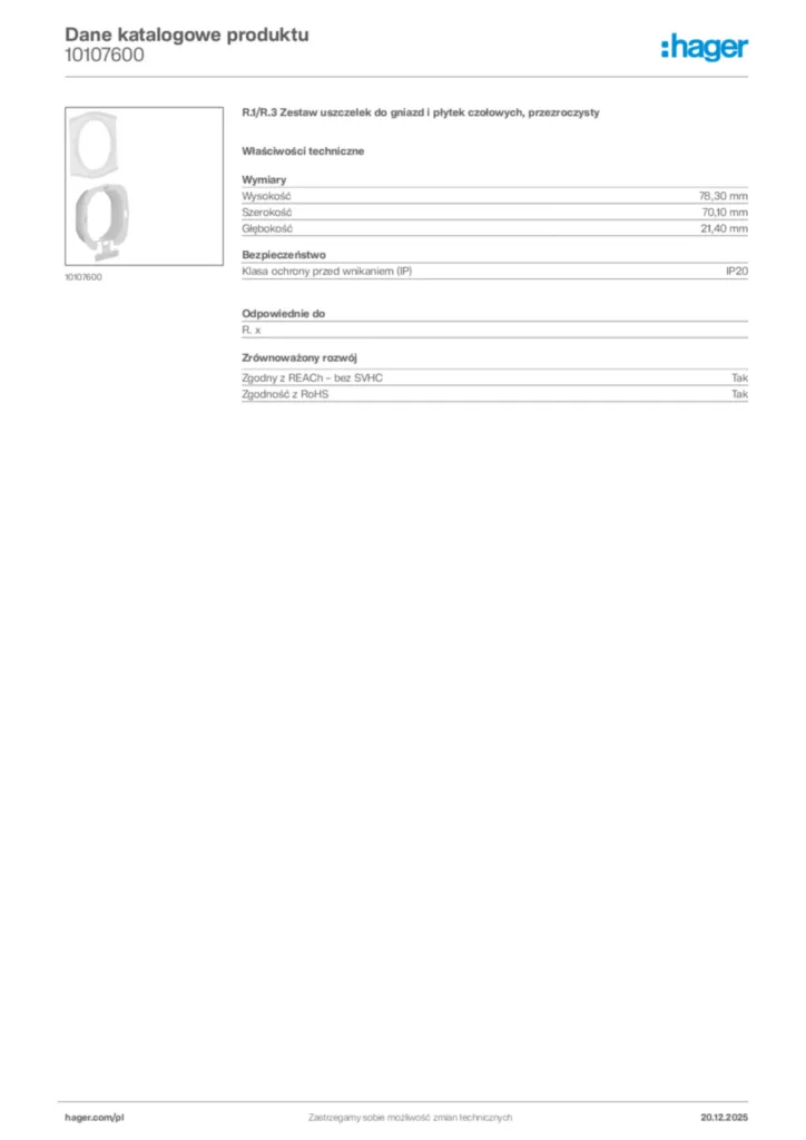 Zdjęcie Hager Dane katalogowe produktu 10107600 | Hager Polska