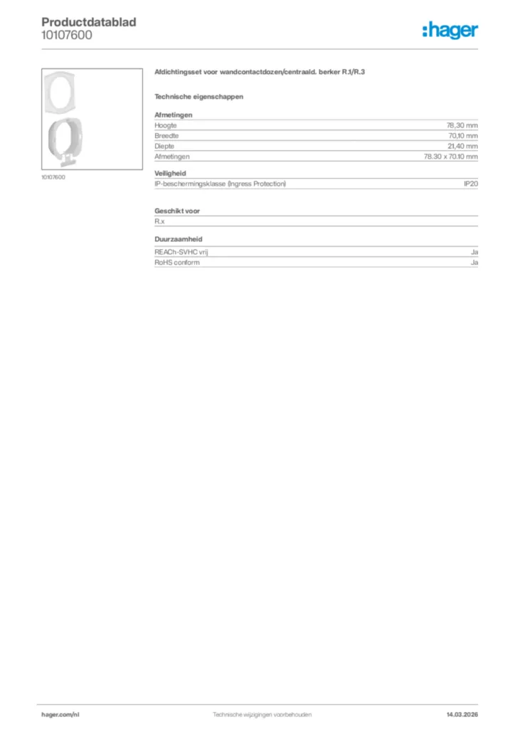 Afbeelding Hager Productdatablad 10107600 | Hager Nederland