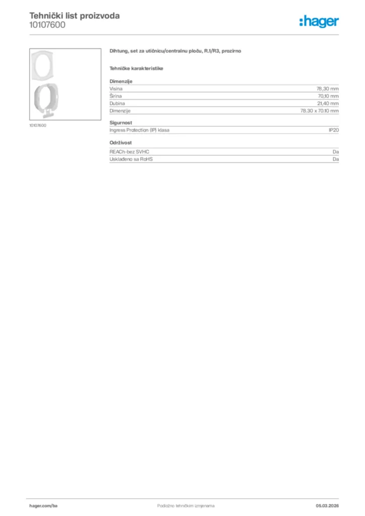 Slika Hager Tehnički list proizvoda 10107600  | Hager