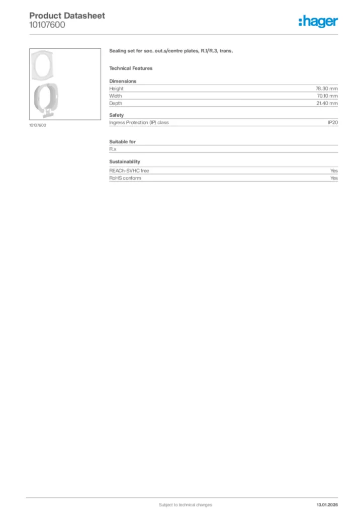 Image Hager Product data sheet 10107600  | Hager