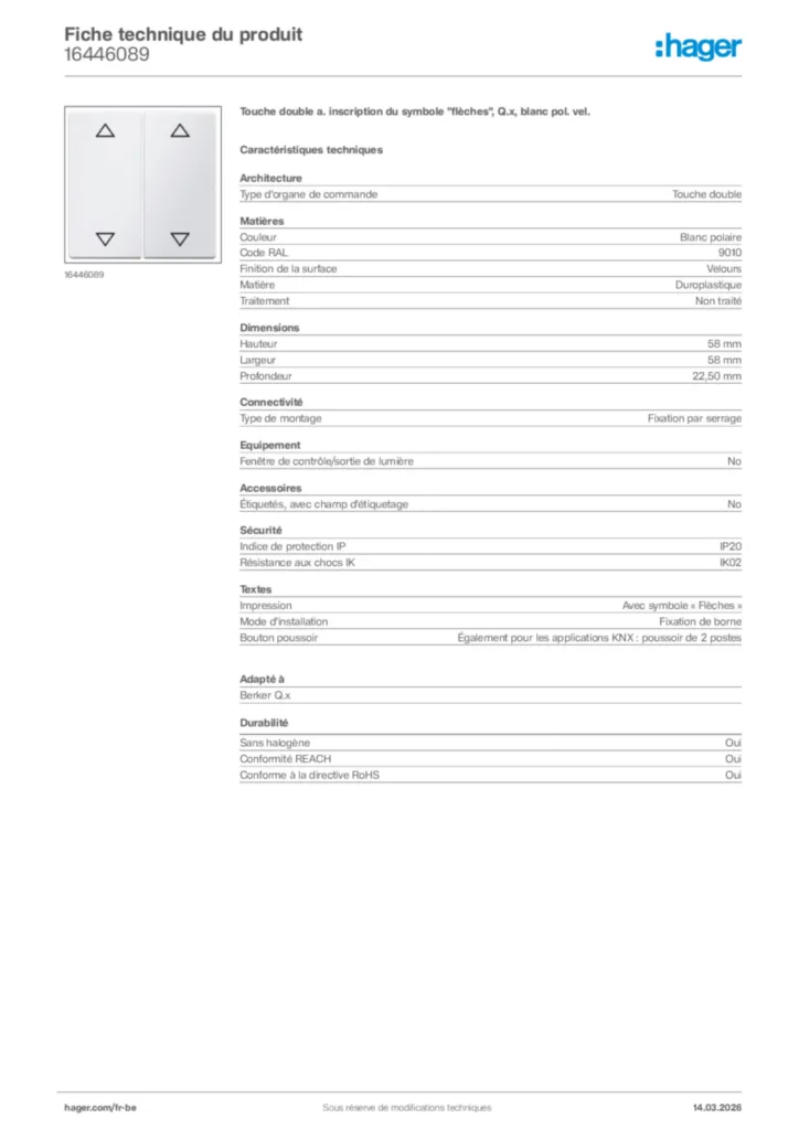 Image Hager Fiche technique du produit 16446089 | Hager Belgique