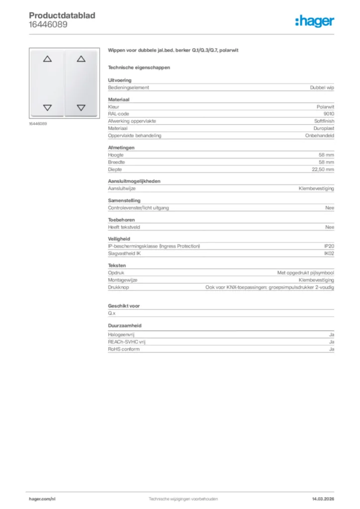 Afbeelding Hager Productdatablad 16446089 | Hager Nederland