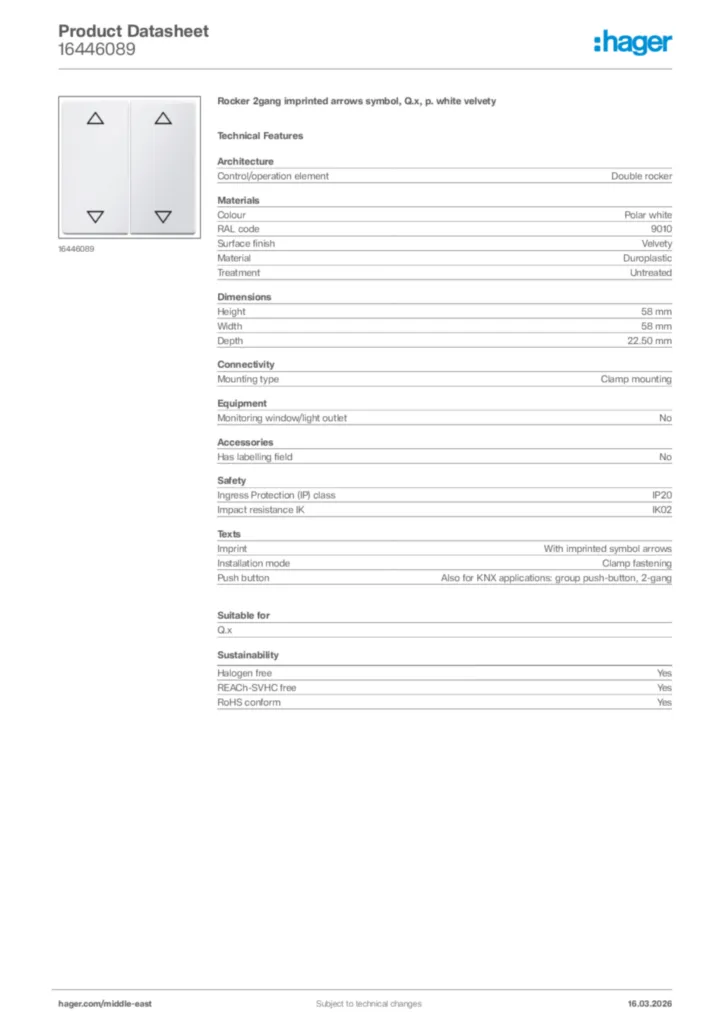 Image Hager Product data sheet 16446089  | Hager