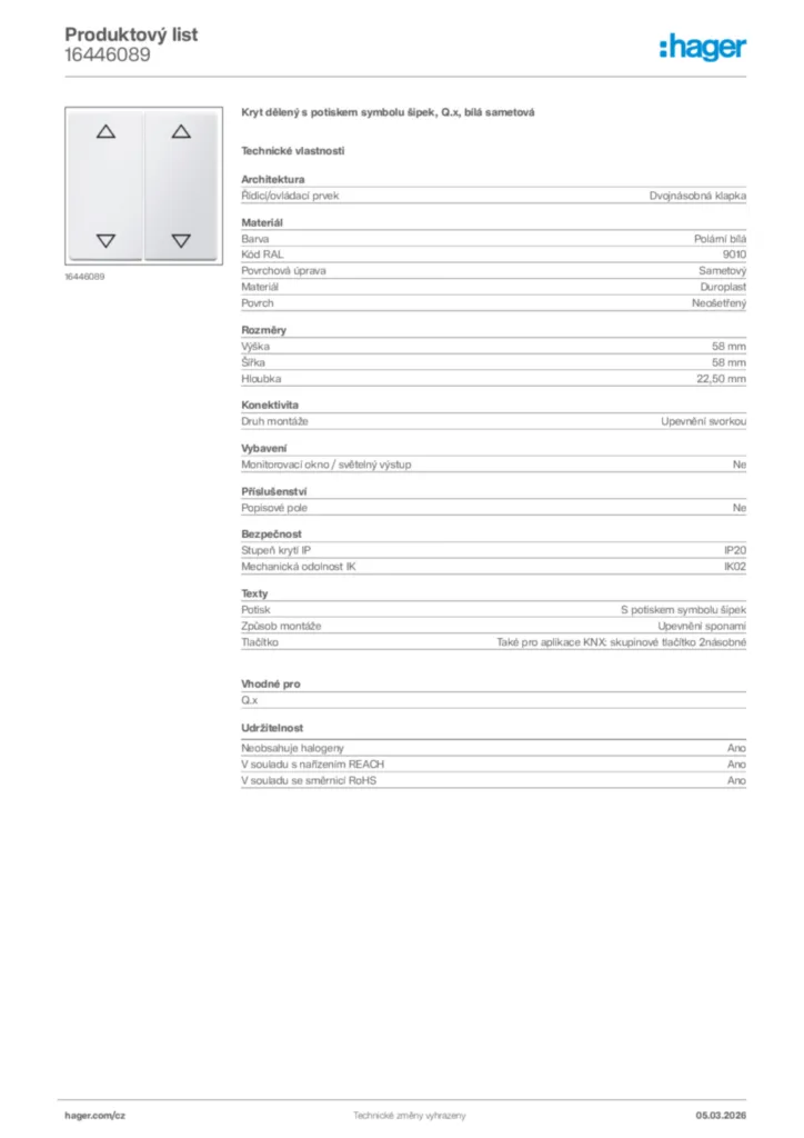 Obrázek Hager Product data sheet 16446089 | Hager