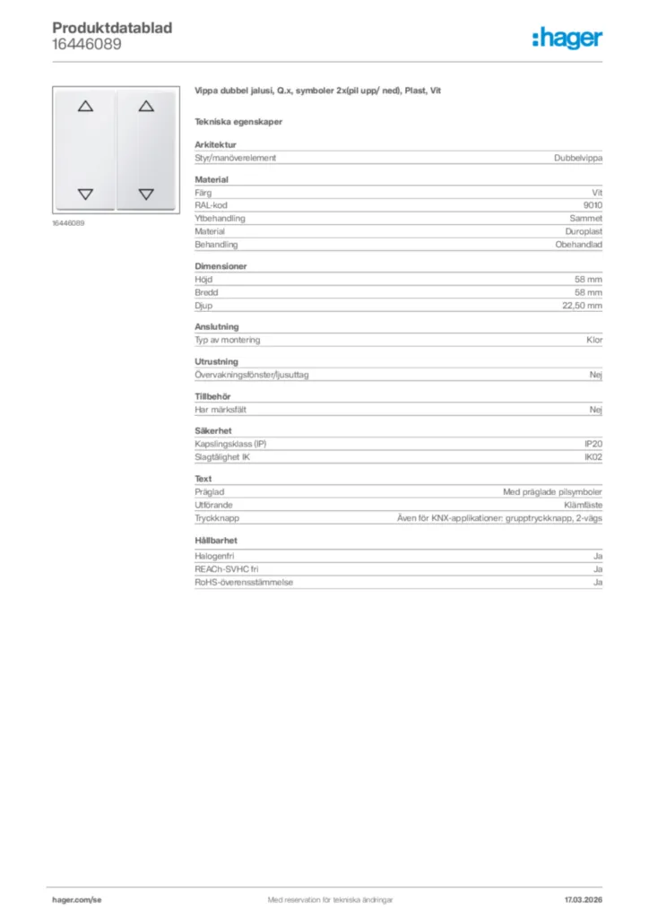 Bild Hager Produktdatablad 16446089 | Hager Sverige