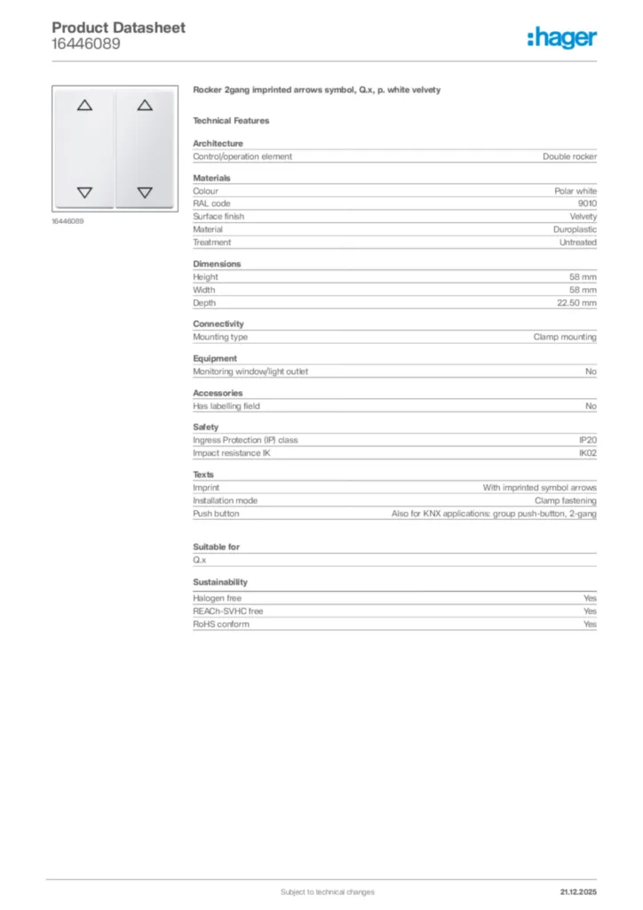 Image Hager Product data sheet 16446089  | Hager