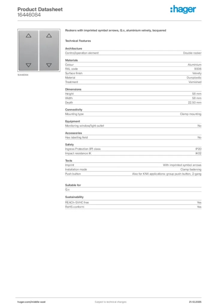 Image Hager Product data sheet 16446084  | Hager