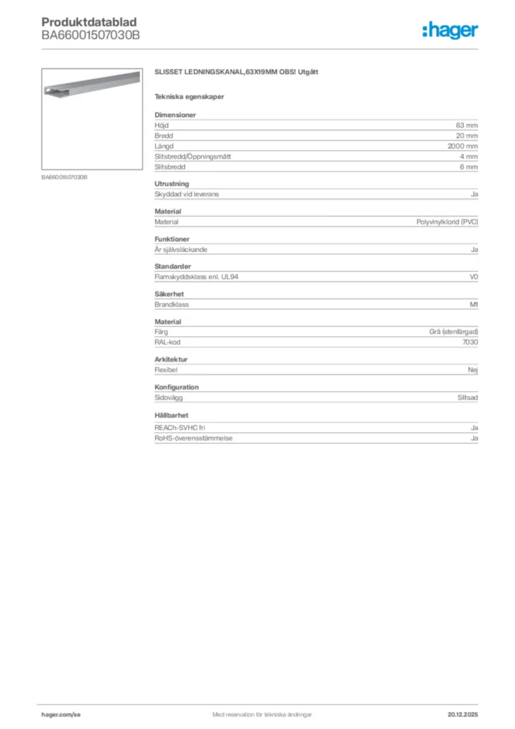 Bild Hager Produktdatablad BA66001507030B | Hager Sverige