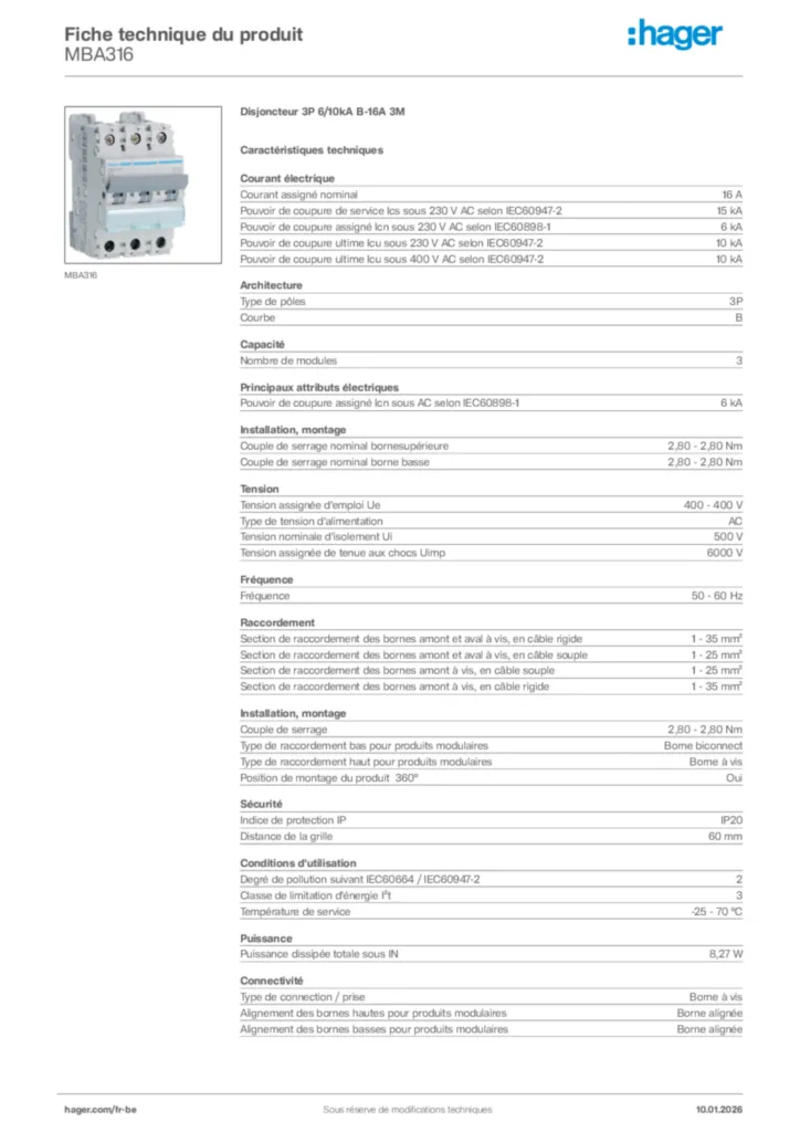 Image Hager Fiche technique du produit MBA316 | Hager Belgique