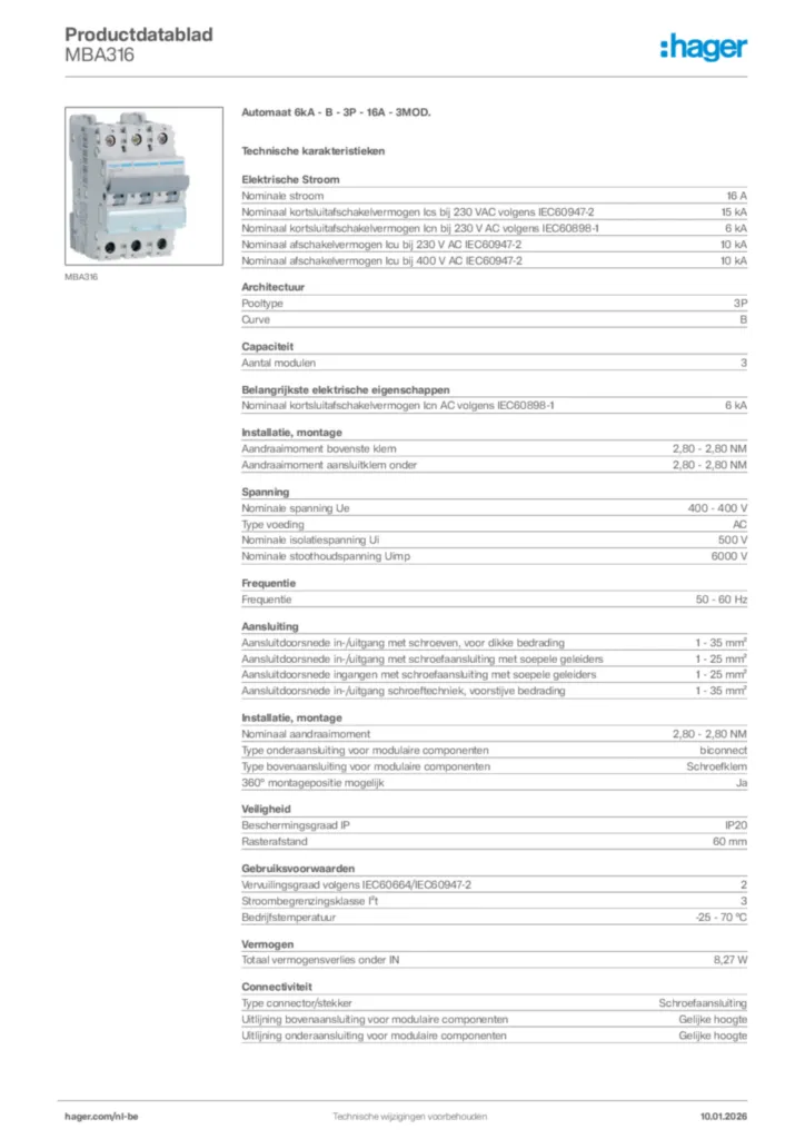 Afbeelding Hager Productdatablad MBA316 | Hager Belgium