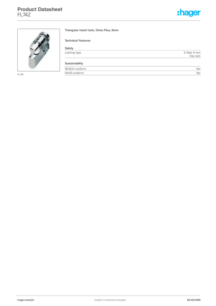 Image Hager Product data sheet FL74Z  | Hager