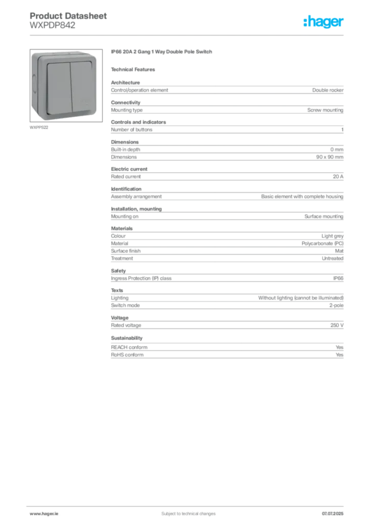 Image Hager Product data sheet WXPDP842  | Hager