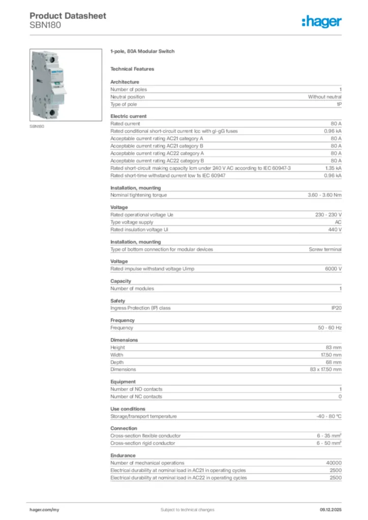 Image Hager Product data sheet SBN180  | Hager