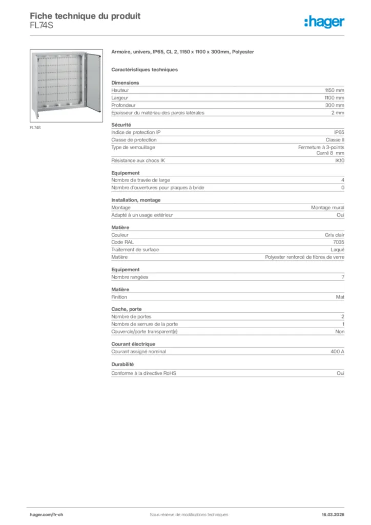 Image Hager Fiche technique du produit FL74S | Hager Suisse