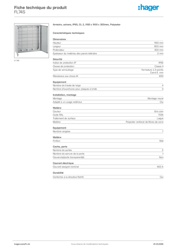 Image Hager Fiche technique du produit FL74S | Hager Suisse