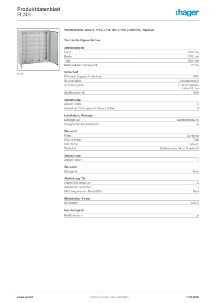 Bild Hager Produktdatenblatt FL74S | Hager Deutschland