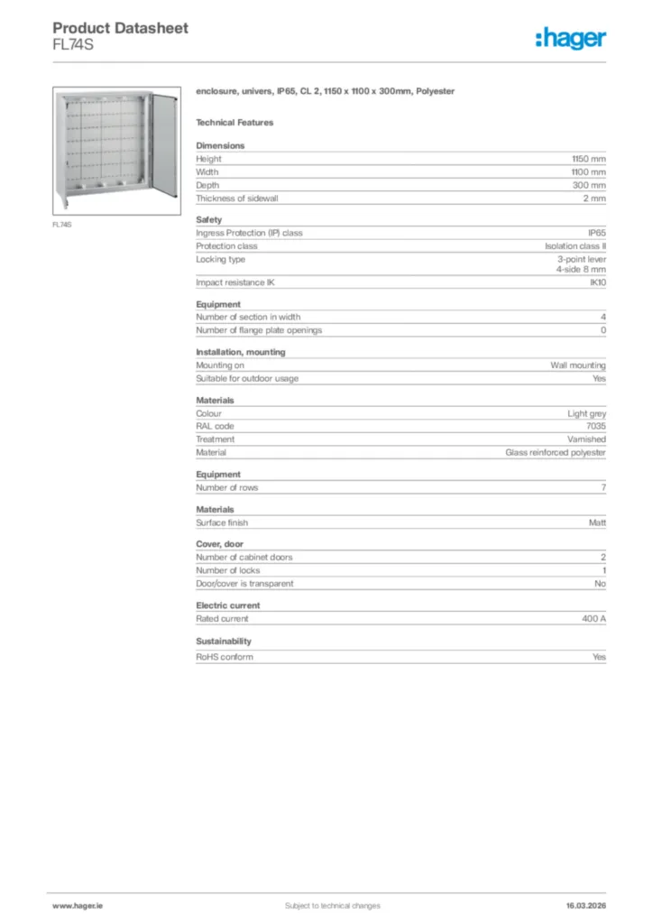 Image Hager Product data sheet FL74S  | Hager
