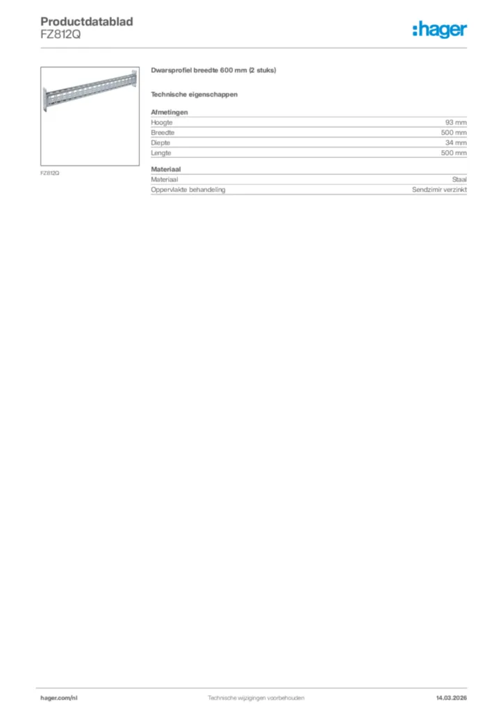 Afbeelding Hager Productdatablad FZ812Q | Hager Nederland