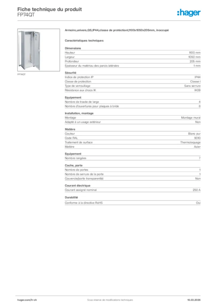 Image Hager Fiche technique du produit FP74QT | Hager Suisse