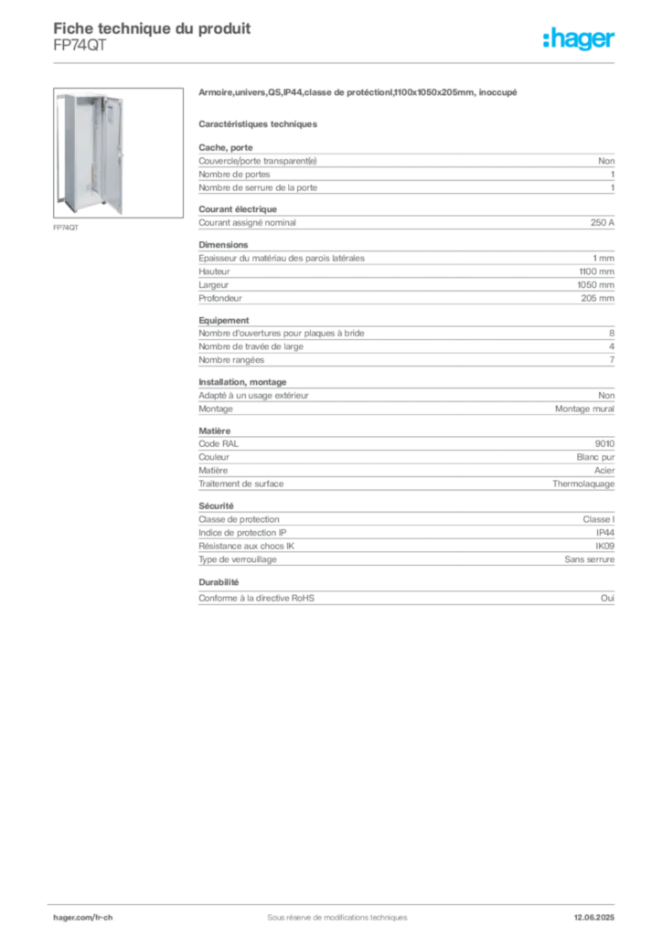 Image Hager Fiche technique du produit FP74QT | Hager Suisse