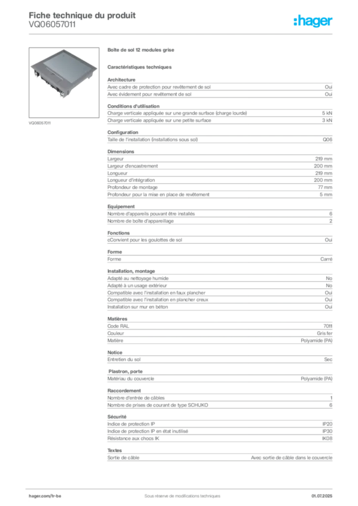 Image Hager Fiche technique du produit VQ06057011 | Hager Belgique