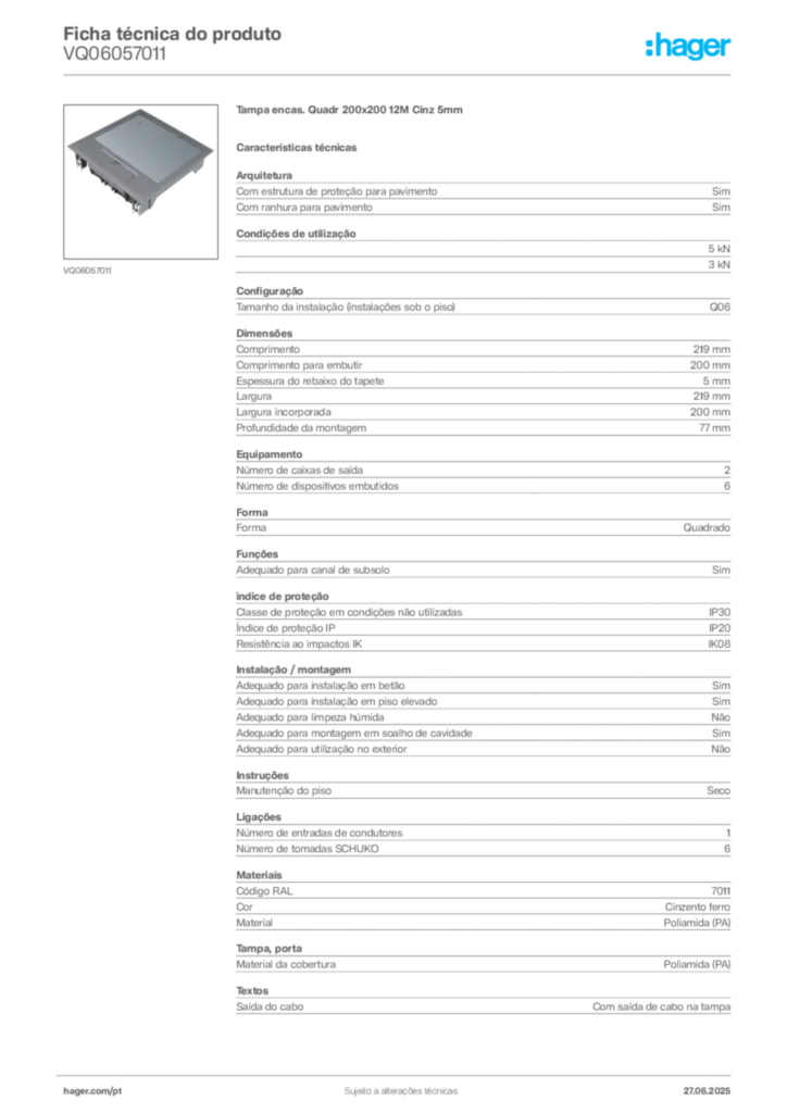Imagem Hager Ficha técnica do produto VQ06057011 | Hager Portugal