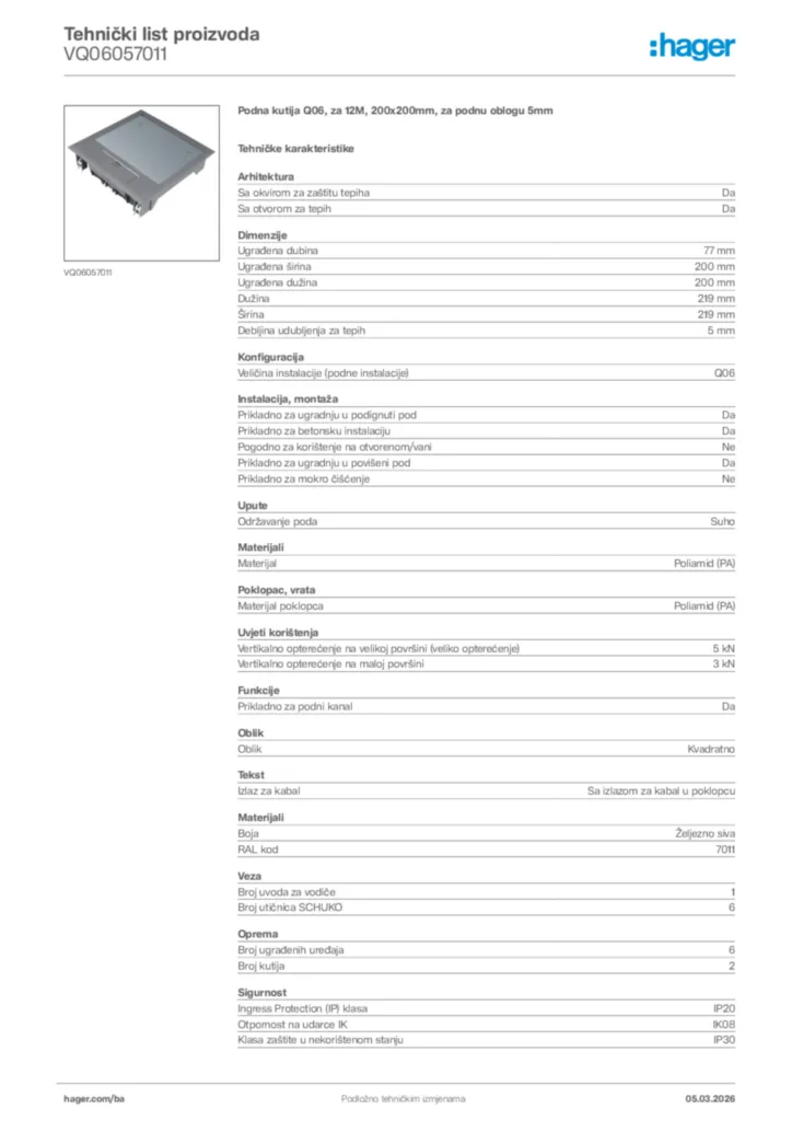 Slika Hager Tehnički list proizvoda VQ06057011  | Hager