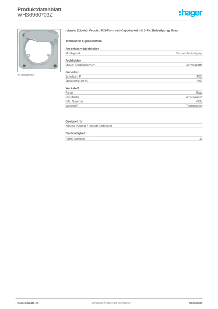 Bild Hager Produktdatenblatt WH36960703Z | Hager Schweiz