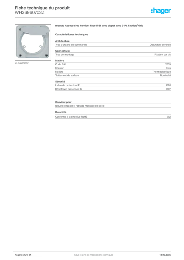 Image Hager Fiche technique du produit WH36960703Z | Hager Suisse