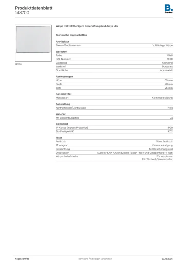 Bild Berker Produktdatenblatt 148700 | Hager Deutschland