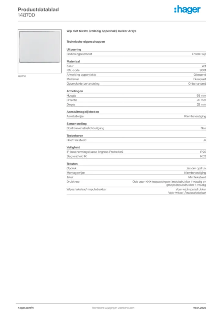 Afbeelding Hager Productdatablad 148700 | Hager Nederland