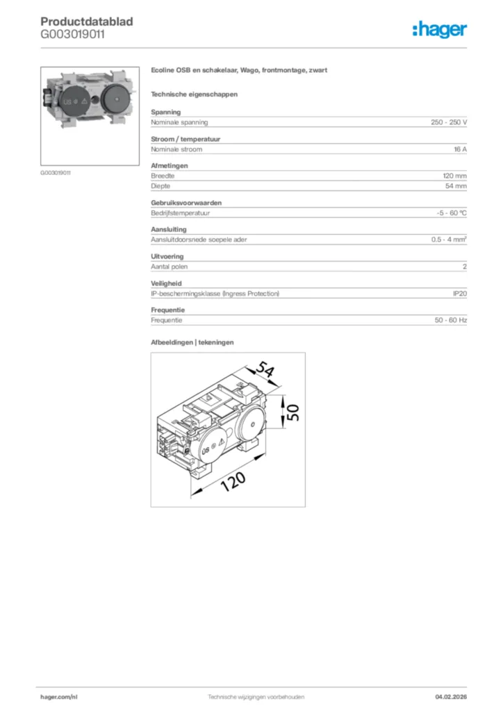 Afbeelding Hager Productdatablad G003019011 | Hager Nederland