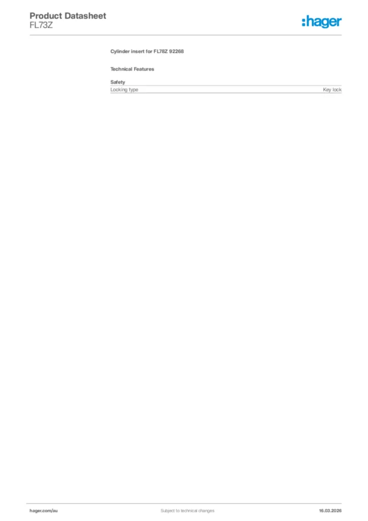 Image Hager Product data sheet FL73Z  | Hager Australia