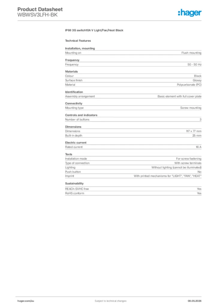 Image Hager Product data sheet WBWSV3LFH-BK  | Hager Australia
