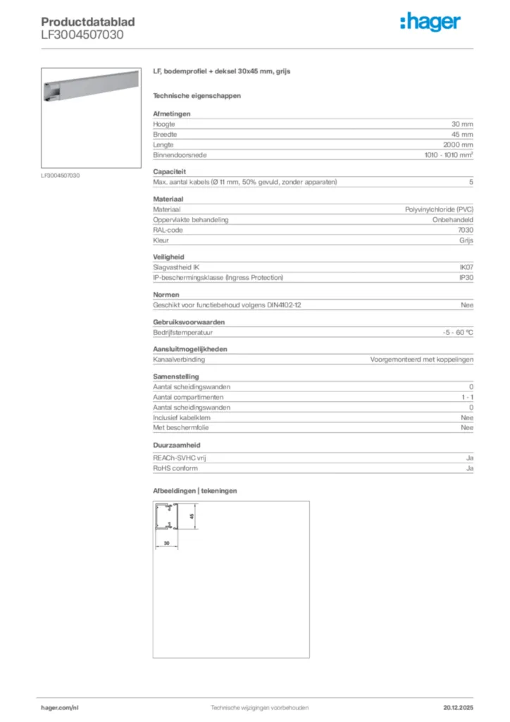 Afbeelding Hager Productdatablad LF3004507030 | Hager Nederland