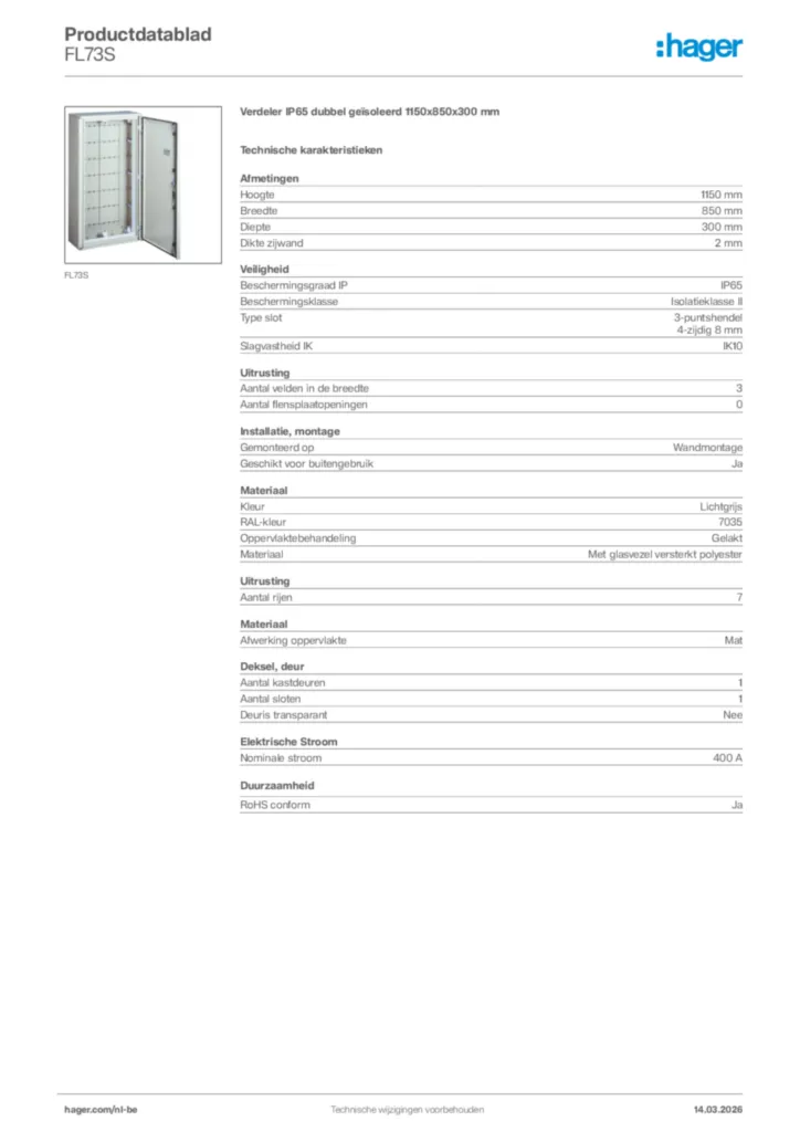 Afbeelding Hager Productdatablad FL73S | Hager Belgium