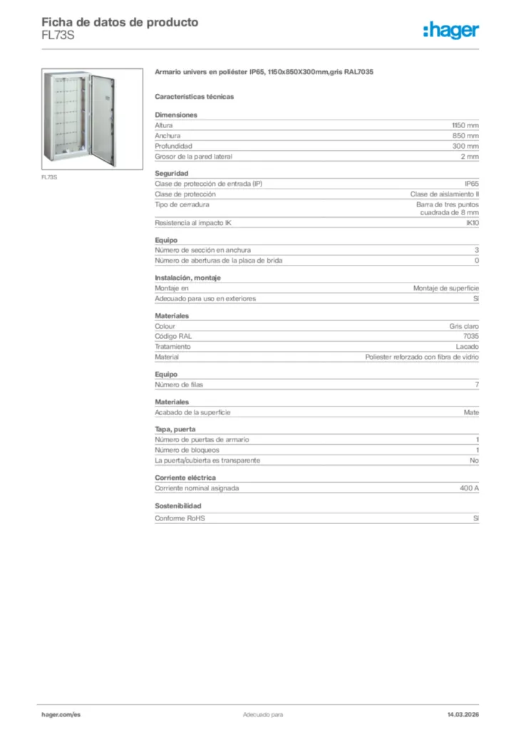 Imagen Hager Ficha de datos de producto FL73S | Hager España