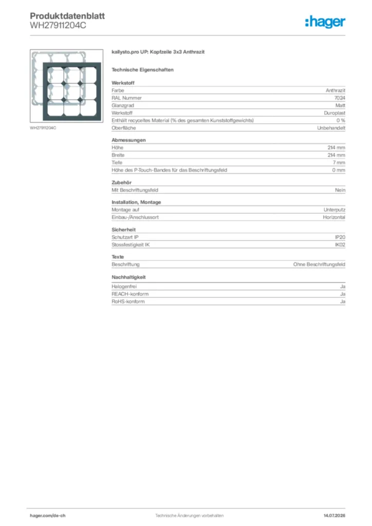 Bild Hager Produktdatenblatt WH27911204C | Hager Schweiz