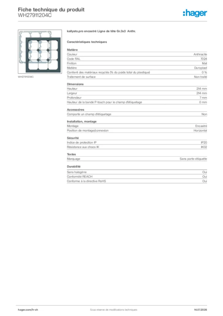 Image Hager Fiche technique du produit WH27911204C | Hager Suisse