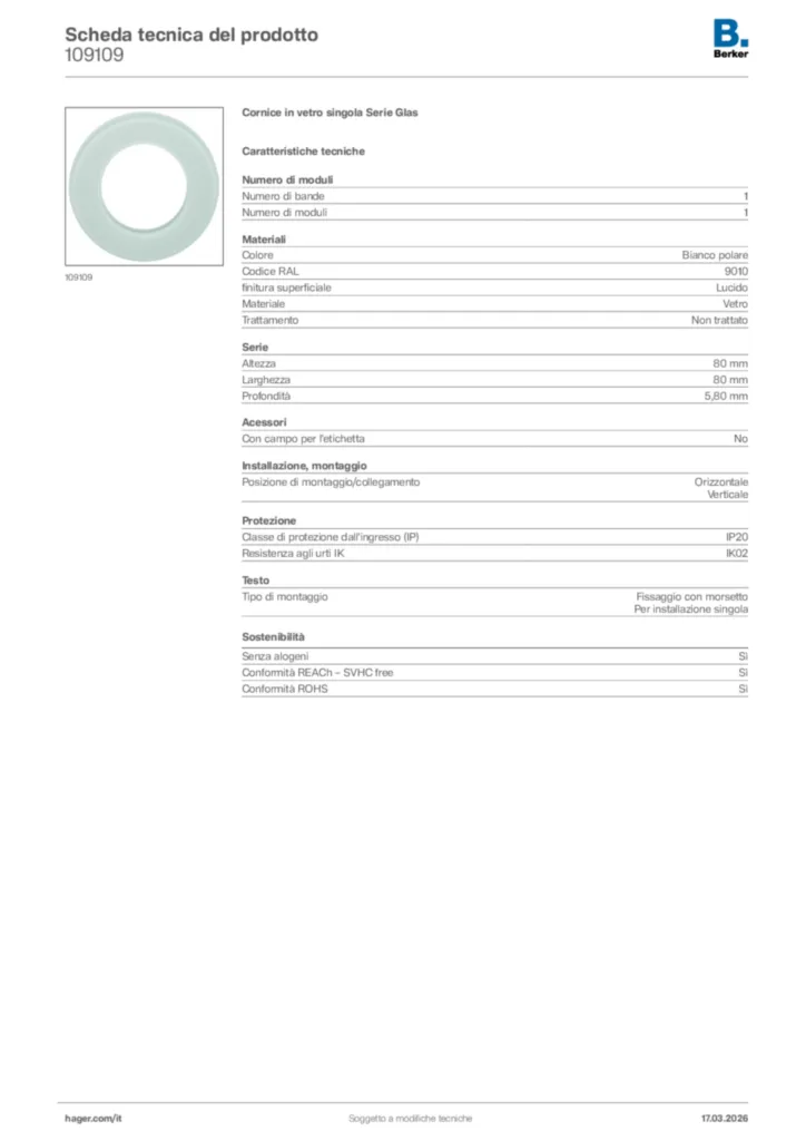 Immagine Berker Scheda tecnica del prodotto 109109 | Hager Italia