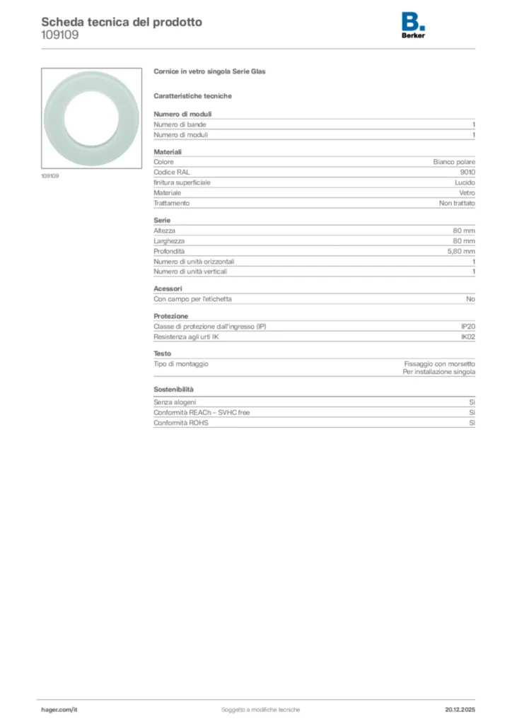 Immagine Berker Scheda tecnica del prodotto 109109 | Hager Italia