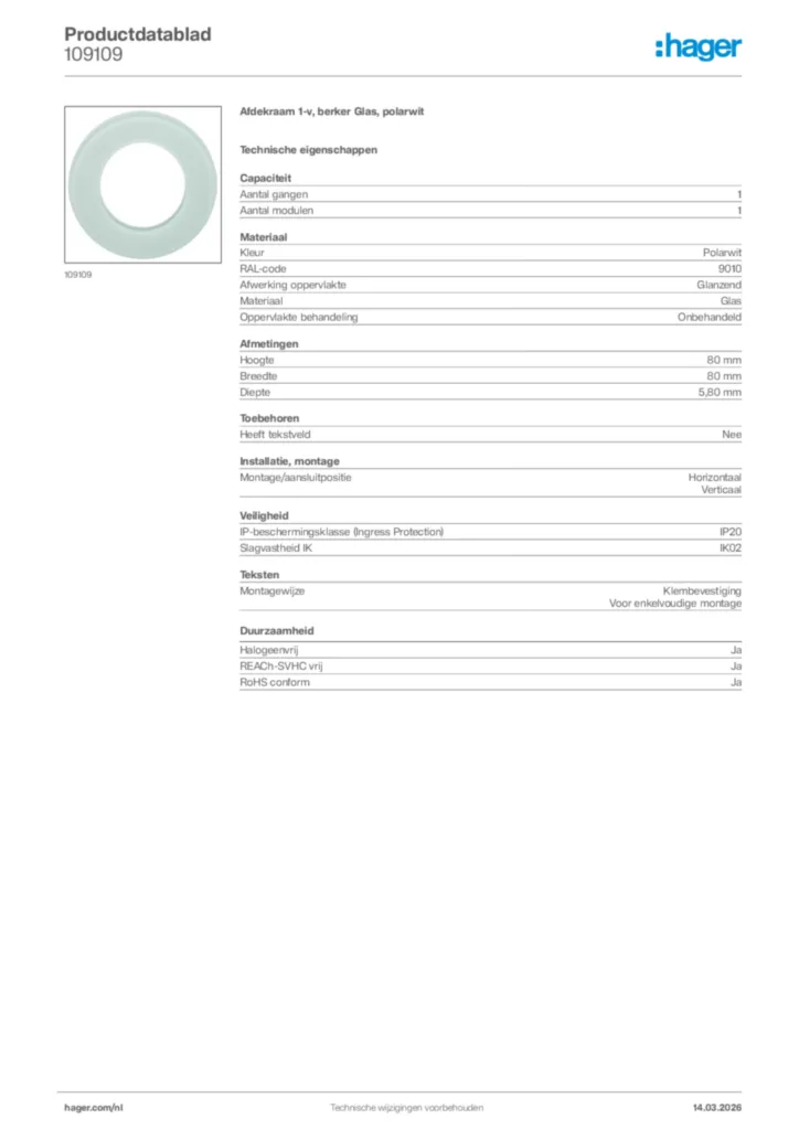 Afbeelding Hager Productdatablad 109109 | Hager Nederland