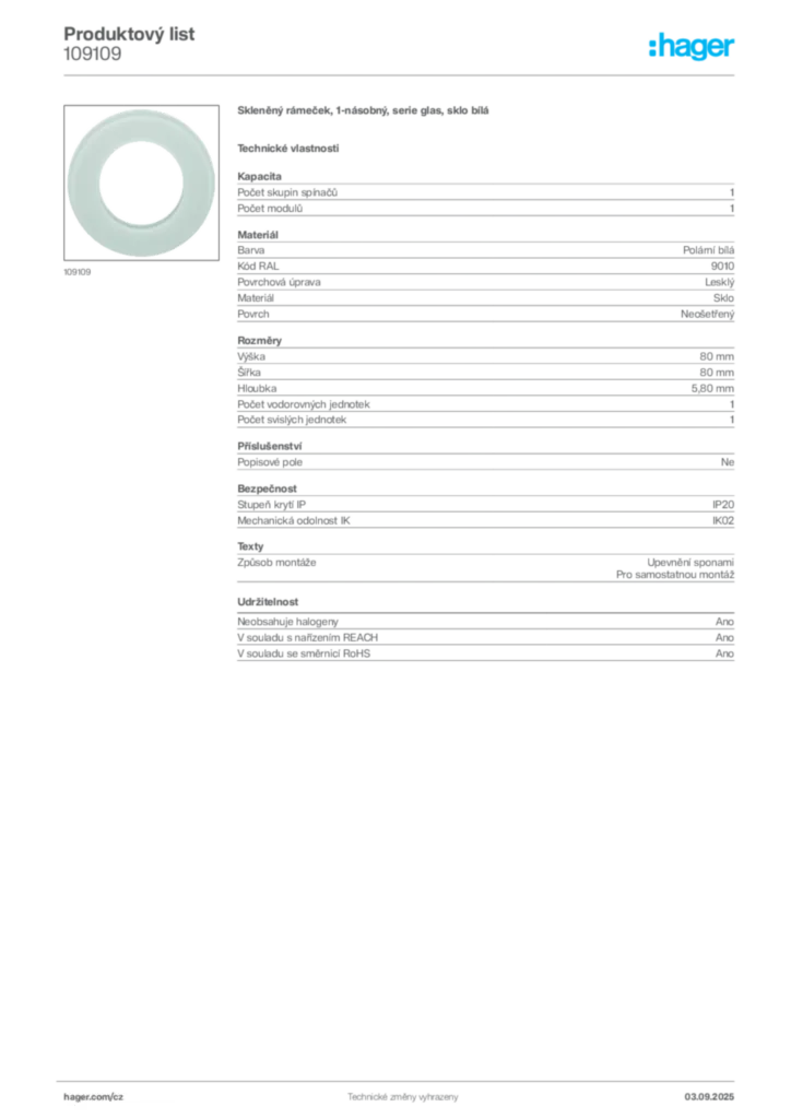 Obrázek Hager Produktový list 109109 | Hager
