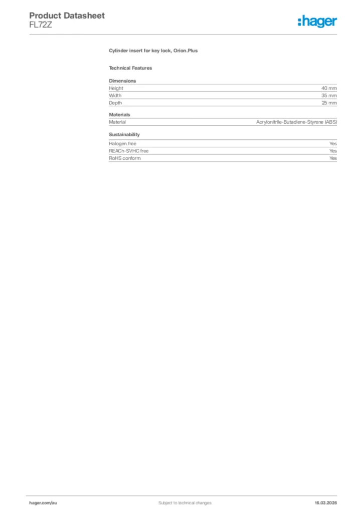 Image Hager Product data sheet FL72Z  | Hager Australia