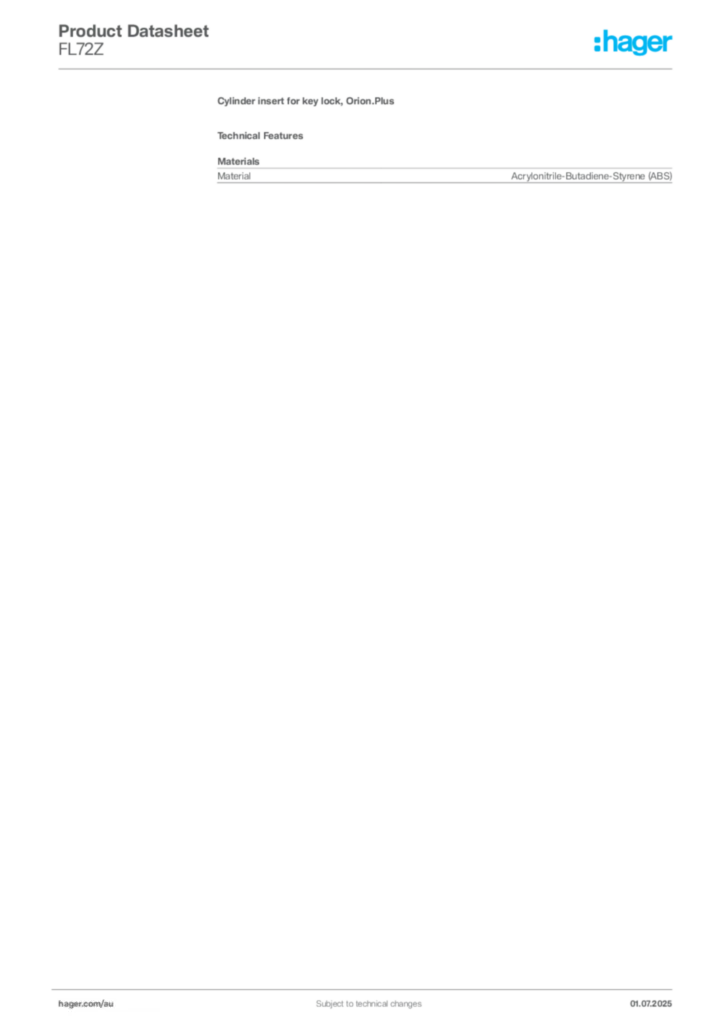 Image Hager Product data sheet FL72Z  | Hager Australia