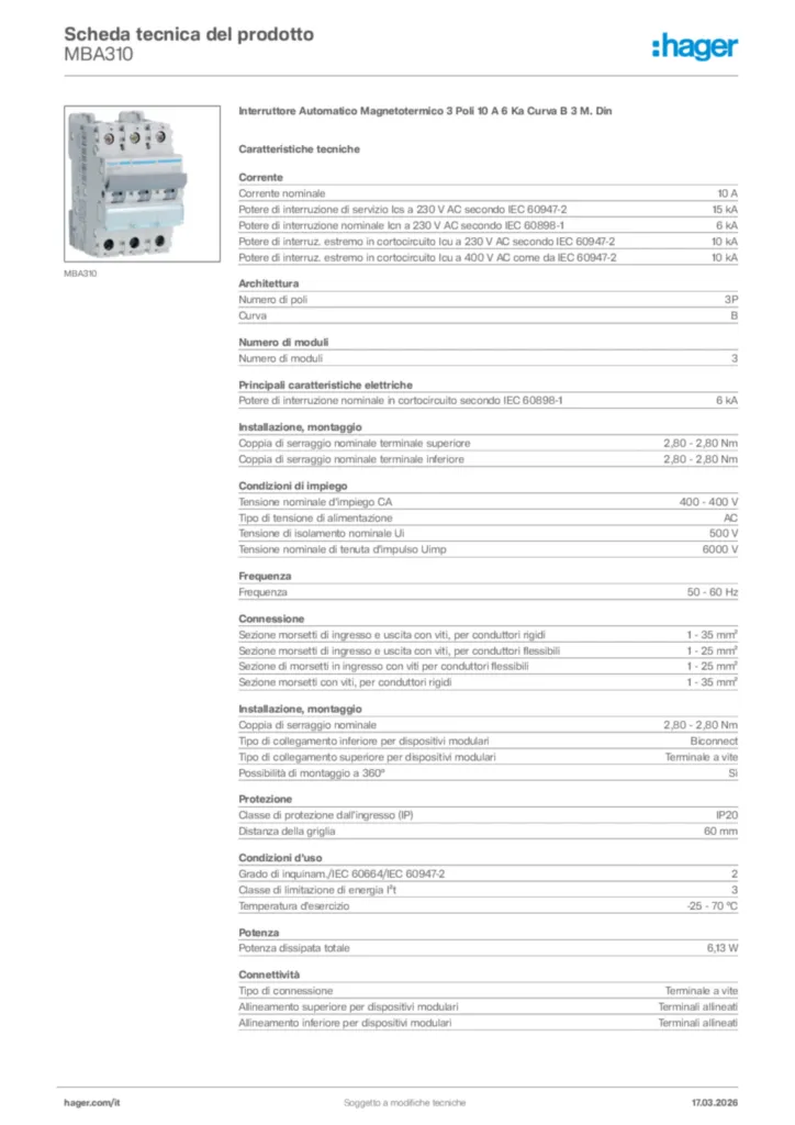 Immagine Hager Scheda tecnica del prodotto MBA310 | Hager Italia