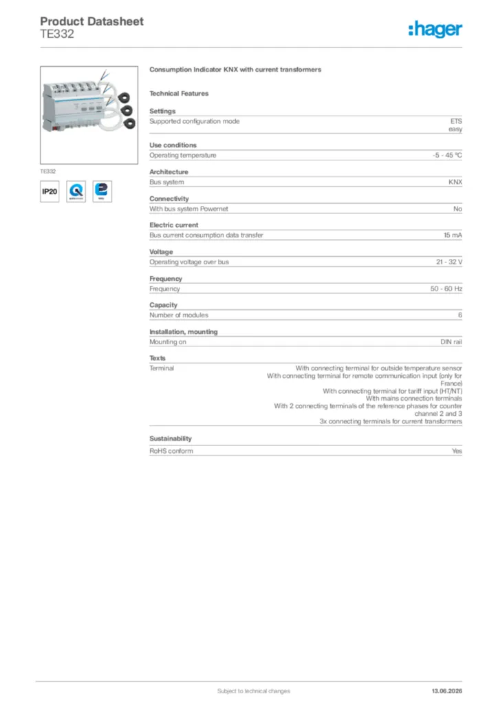 Image Hager Product data sheet TE332  | Hager Africa