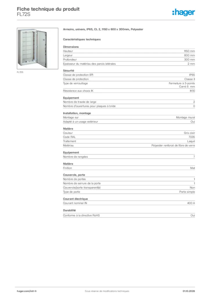 Image Hager Fiche technique du produit FL72S | Hager Afrique