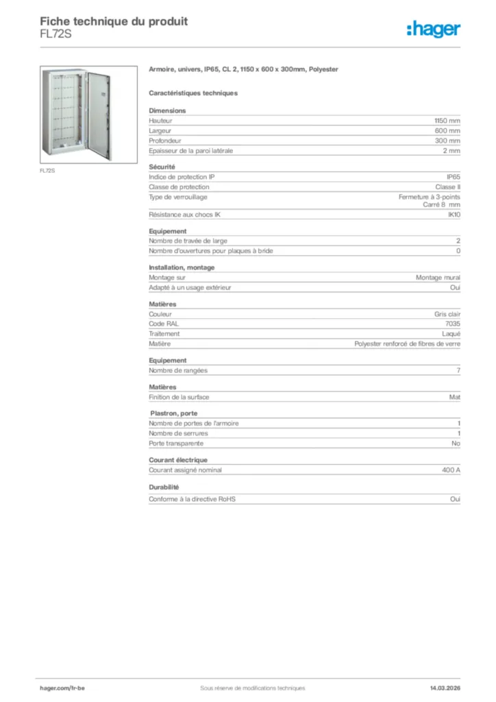 Image Hager Fiche technique du produit FL72S | Hager Belgique