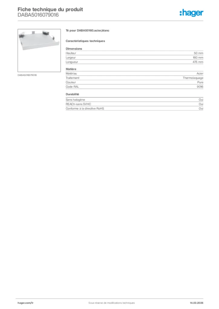 Image Hager Fiche technique du produit DABA5016079016 | Hager France